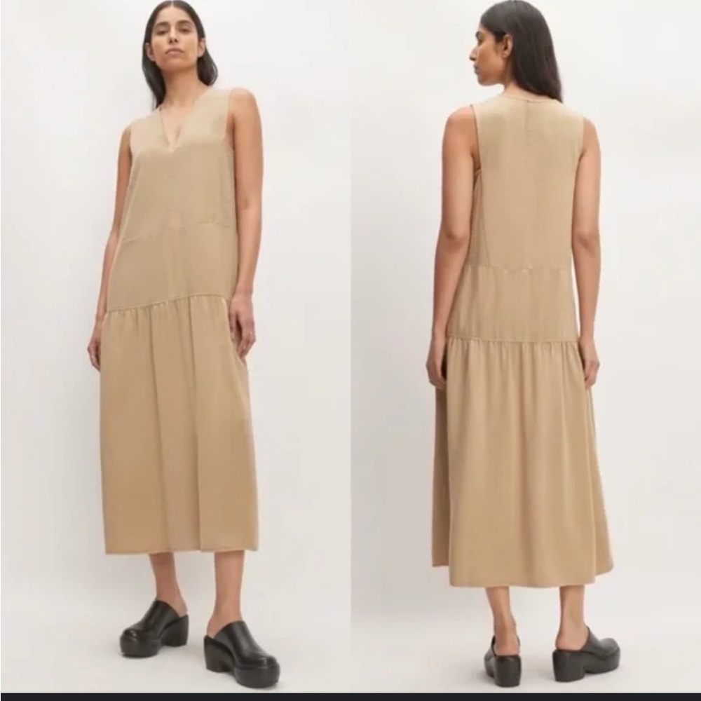 Everlane tan midi dress v neck tencel relaxed fit sleeveless 
XXS New